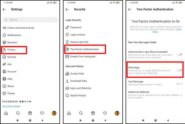 WhatsApp for Two-Factor Authentication (2FA) on Instagram